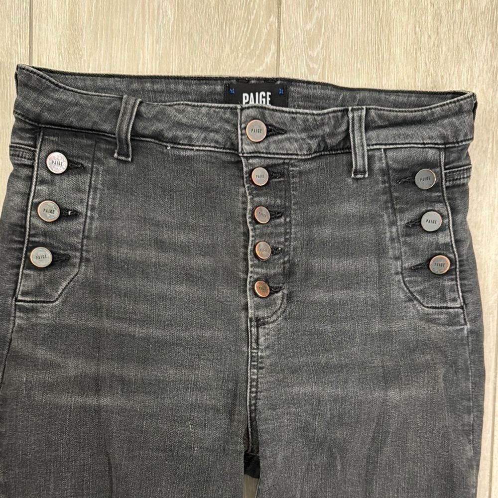PAIGE Gray High Rise Emmie Ultra Skinny, stretchy Jeans with button details